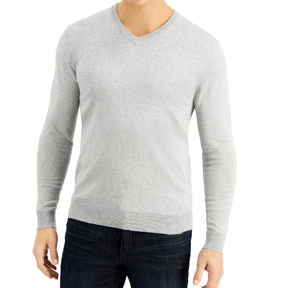 Men's Alfani Solid V-Neck Cotton Casual Sweater Grey Heather B4HP